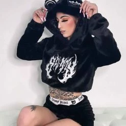 Scummy Bears OISHI - BEAR METAL - FUZZY THINGZZ CROP HOODIE (BLACK) CLOTHES AND STUFF