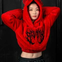 Scummy Bears OISHI - BEAR METAL - FUZZY THINGZZ CROP HOODIE (RED) CLOTHES AND STUFF